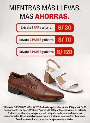 Mientras más llevas, más ahorras: S/ 30, S/ 70 y S/ 120 de descuento en calzado Calimod